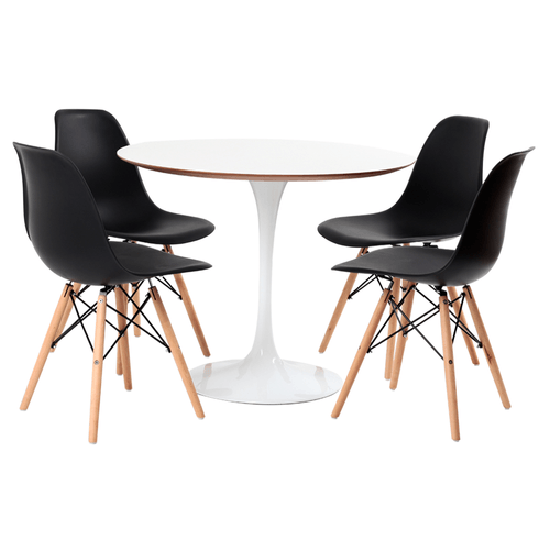 Conjunto Mesa Saarinen MDF branca 4 cadeiras Eames pretas