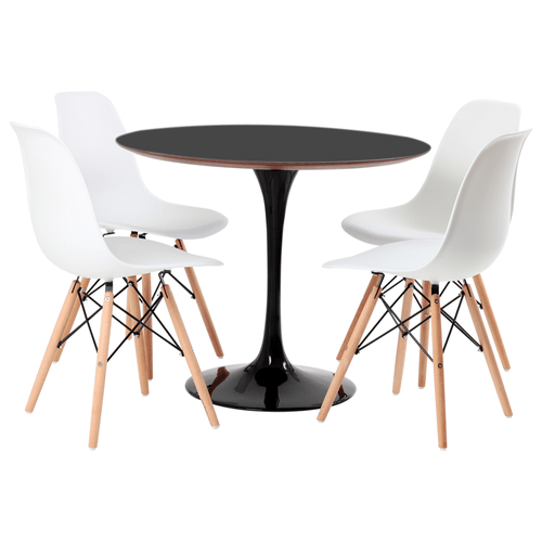 Conjunto Mesa Saarinen MDF preta 4 cadeiras Eames brancas