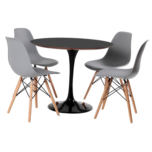 Conjunto Mesa Saarinen MDF preta 4 cadeiras Eames cinza