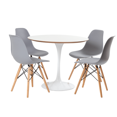 Conjunto Mesa Saarinen MDF branca 4 cadeiras Eames cinza