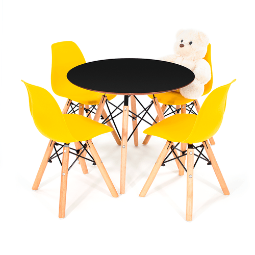 Conjunto Eames Kids Preto C/ 4 Cadeiras Dsw Amarela