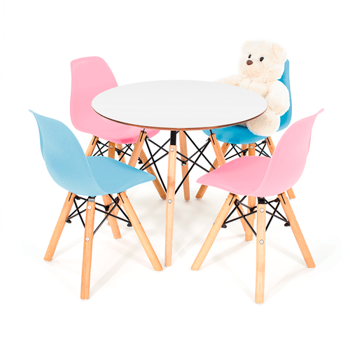 Conjunto Eames Kids Branco C/ 4 Cadeiras Dsw Misto Azul E Rosa