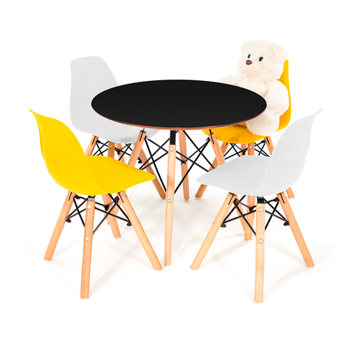 Conjunto Eames Kids Preto C/ 4 Cadeiras Dsw Misto Amarela E Branca