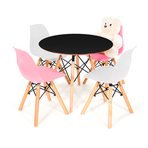 Conjunto Eames Kids Preto C/ 4 Cadeiras Dsw Misto Rosa E Branca