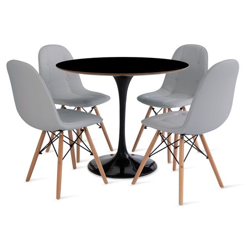 Conjunto Mesa Saarinen Mdf 90Cm Preto E 4 Cadeiras Botonê Cinza