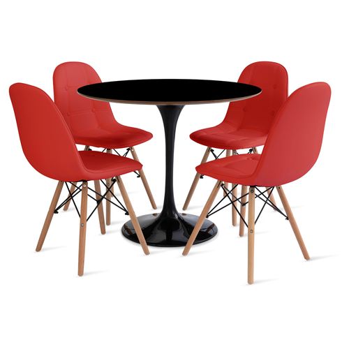 Conjunto Mesa Saarinen Mdf 90Cm Preto E 4 Cadeiras Botonê Vermelha