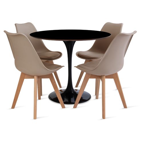 Conjunto Mesa Saarinen MDF 90cm preta 4 cadeiras Leda Fendi