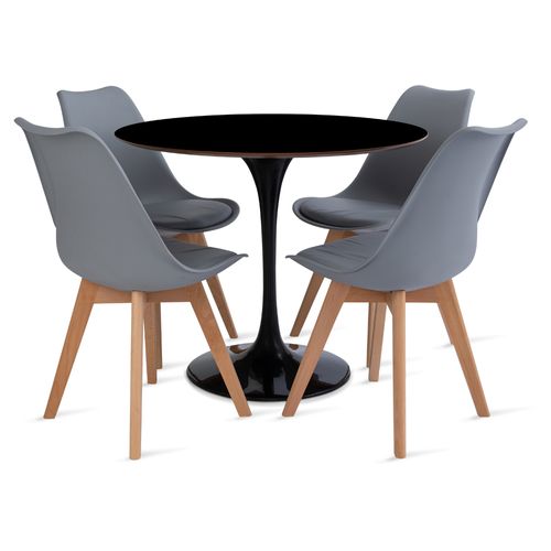 Conjunto Mesa Saarinen MDF 90cm preta 4 cadeiras Leda Cinza