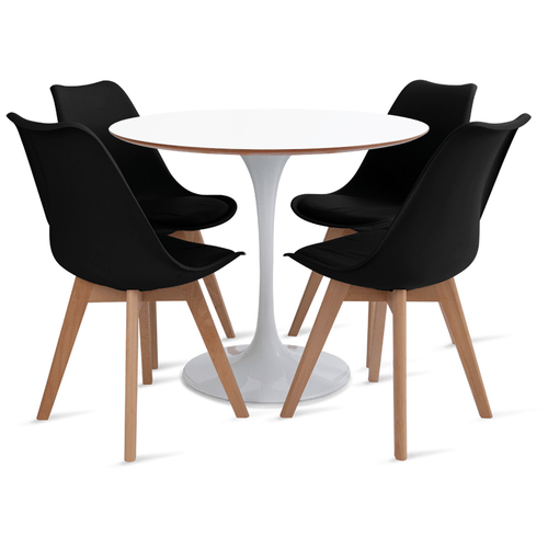 Conjunto Mesa Saarinen MDF 90cm branca 4 cadeiras Leda Preta