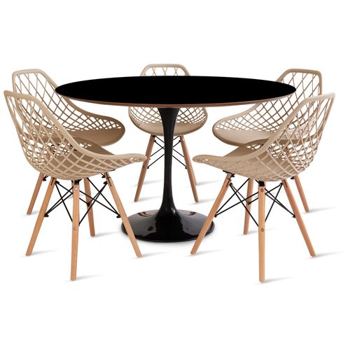 Conjunto Mesa Saarinen Mdf 120Cm Preta E 5 Cadeiras Kaila Fendi