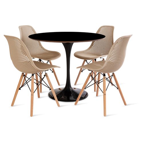 Conjunto Mesa Saarinen Mdf 90Cm Preto E 4 Cadeiras Colmeia Fendi