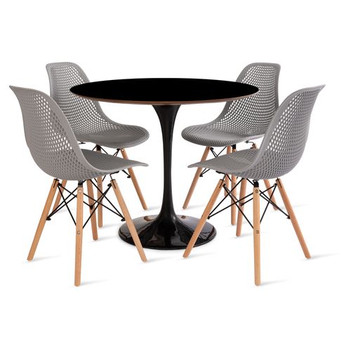 Conjunto Mesa Saarinen Mdf 90Cm Preto E 4 Cadeiras Colmeia Cinza