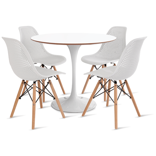 Conjunto Mesa Saarinen Mdf 90Cm Branco E 4 Cadeiras Colmeia Branca