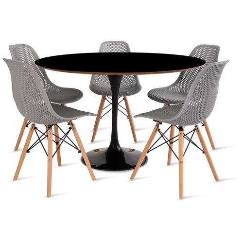 Conjunto Mesa Saarinen Mdf 120Cm Preto E 5 Cadeiras Colmeia Cinza