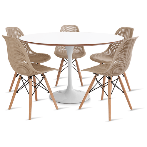Conjunto Mesa Saarinen Mdf 120Cm Branco E 5 Cadeiras Colmeia Fendi