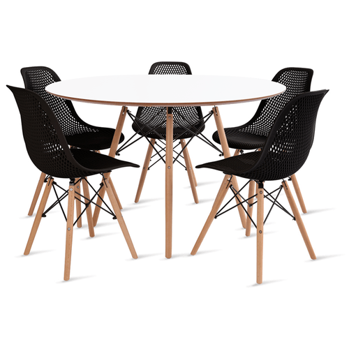 Conjunto Eames Dsw Mesa 110Cm Branco E 5 Cadeiras Colmeia Preta