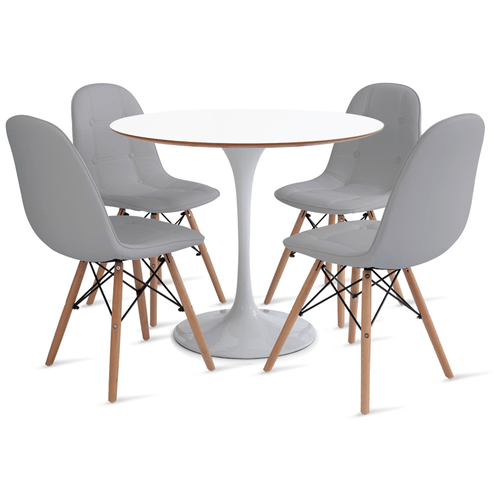 Conjunto Mesa Saarinen Mdf 90Cm Branco E 4 Cadeiras Botonê Cinza