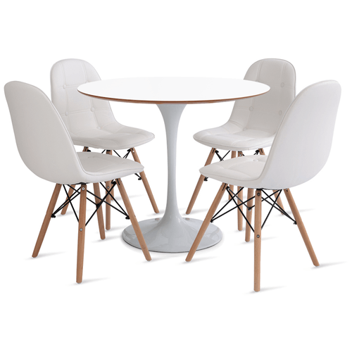 Conjunto Mesa Saarinen Mdf 90 Cm Branco E 4 Cadeiras Botonê Branca