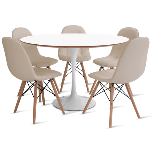 Conjunto Mesa Saarinen Mdf 120Cm Branco E 5 Cadeiras Botonê Fendi