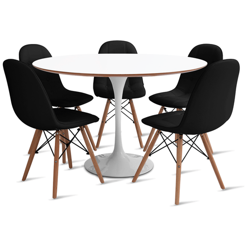 Conjunto Mesa Saarinen Mdf 120Cm Branco E 5 Cadeiras Botonê Preta