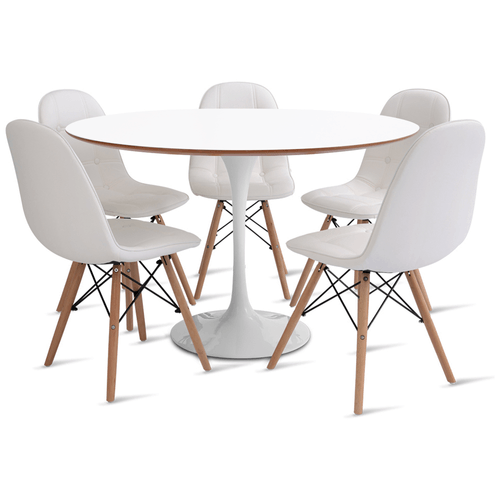 Conjunto Mesa Saarinen Mdf 120Cm Branco E 5 Cadeiras Botonê Branca