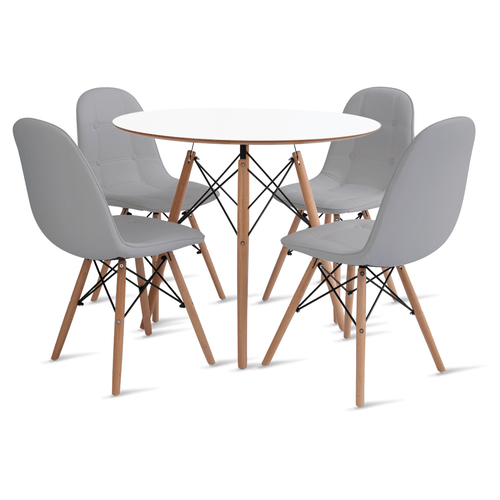 Conjunto Eames Dsw Mesa 90Cm Branco E 4 Cadeiras Botonê Cinza