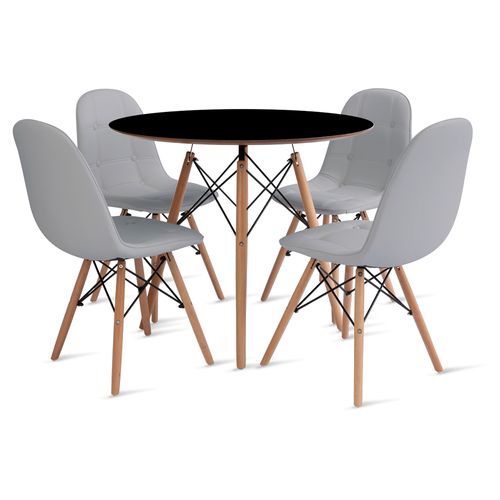 Conjunto Eames Dsw Mesa 90Cm Preto E 4 Cadeiras Botonê Cinza