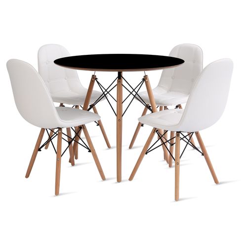 Conjunto Eames Dsw Mesa 90Cm Preto E 4 Cadeiras Botonê Branca