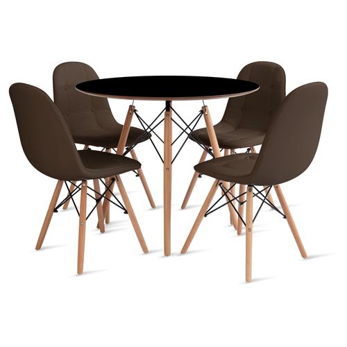 Conjunto Eames Dsw Mesa 90Cm Preto E 4 Cadeiras Botonê Marrom