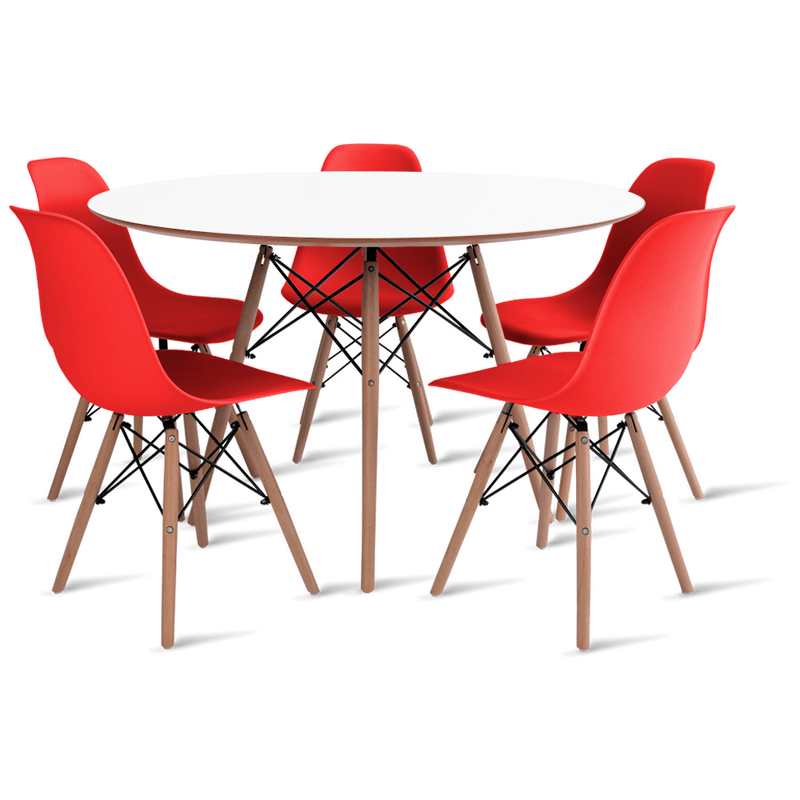 mesa-eames-branca-120-com-5-cadeiras-eames-vermelha