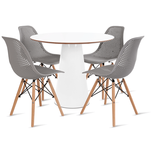 Conjunto Mesa De Cone 90 Cm Branca E 4 Cadeiras Colmeia Cinza