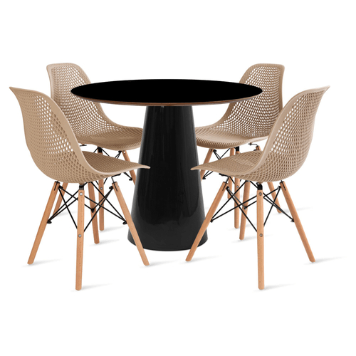 Conjunto Mesa De Cone 90 Cm Preta E 4 Cadeiras Colmeia Fendi