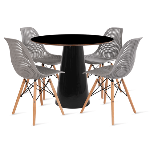 Conjunto Mesa De Cone 90 Cm Preta E 4 Cadeiras Colmeia Cinza