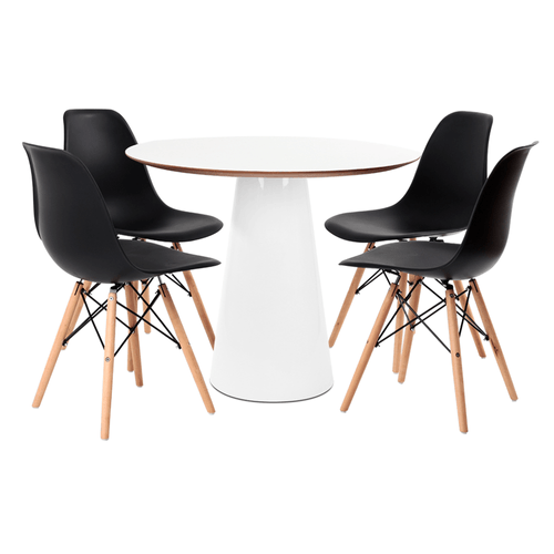Conjunto Mesa De Cone 90 Cm Branca E 4 Cadeiras Eames Preta