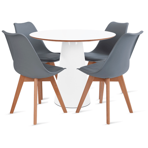 Conjunto Mesa De Cone 90 Cm Branca E 4 Cadeiras Leda Cinza