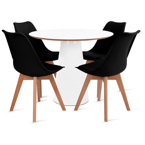Conjunto Mesa De Cone 90 Cm Branca E 4 Cadeiras Leda Preta