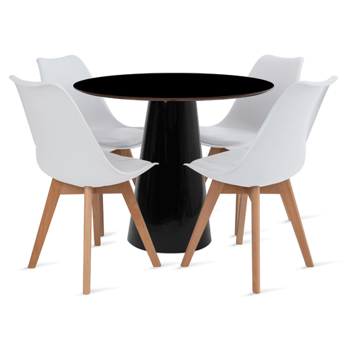 Conjunto Mesa De Cone 90 Cm Preta E 4 Cadeiras Leda Branca