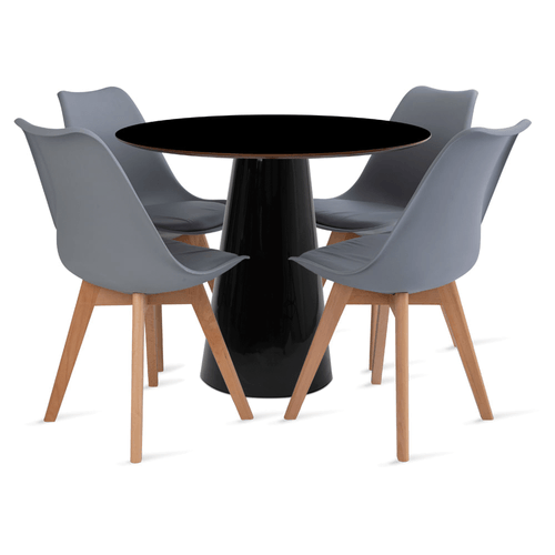 Conjunto Mesa De Cone 90 Cm Preta E 4 Cadeiras Leda Cinza