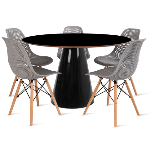 Conjunto Mesa De Cone 120 Cm Preta E 5 Cadeiras Colmeia Cinza