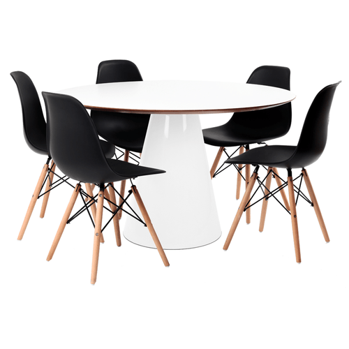Conjunto Mesa De Cone 120 Cm Branca E 5 Cadeiras Eames Preta