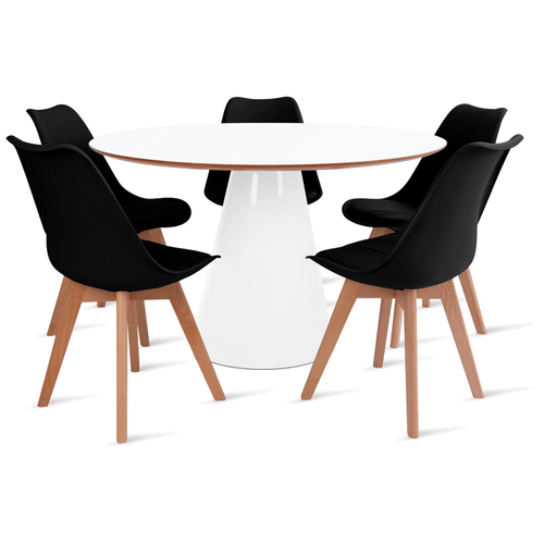 Conjunto Mesa De Cone 120 Cm Branca E 5 Cadeiras Leda Preta