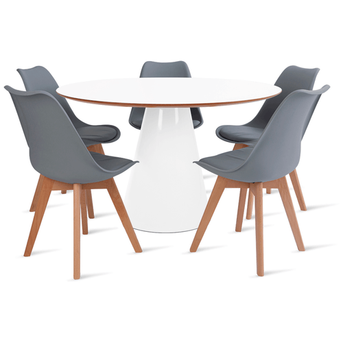 Conjunto Mesa De Cone 120 Cm Branca E 5 Cadeiras Leda Cinza