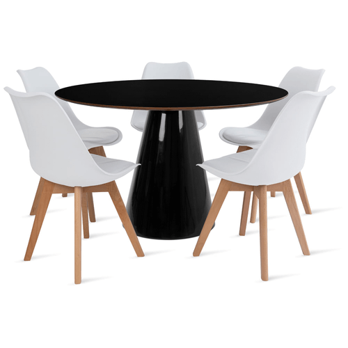 Conjunto Mesa De Cone 120 Cm Preta E 5 Cadeiras Leda Branca