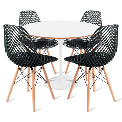 Conjunto Mesa Saarinen Mdf 90Cm Branco E 4 Cadeiras Colmeia Premium Preta