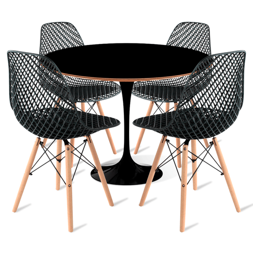 Conjunto Mesa Saarinen Mdf 90Cm Preto E 4 Cadeiras Colmeia Premium Preta