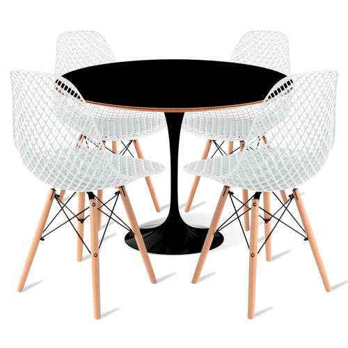 Conjunto Mesa Saarinen Mdf 90Cm Preto E 4 Cadeiras Colmeia Premium Branca