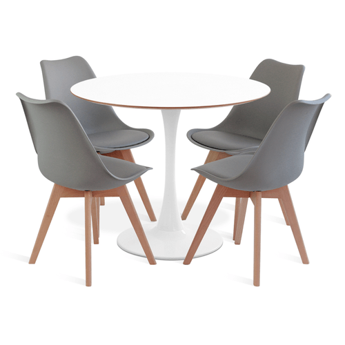 Conjunto Saarinen Basic Branco E Mdf Branco 90Cm Com 4 Cadeiras Leda Cinza