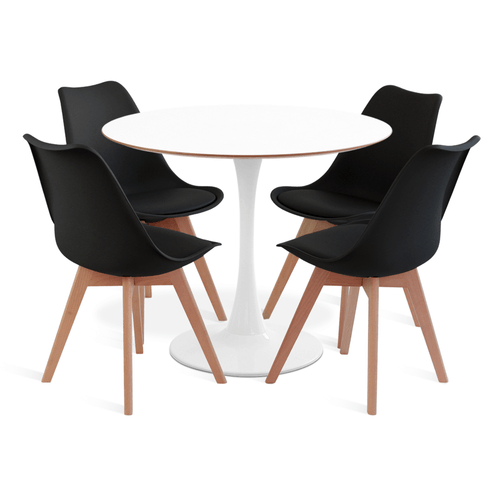 Conjunto Saarinen Basic Branco E Mdf Branco 90Cm Com 4 Cadeiras Leda Preta
