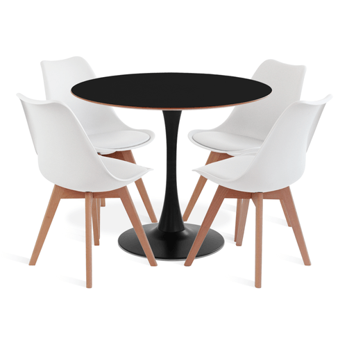 CONJUNTO SAARINEN BASIC PRETO E MDF PRETO 90CM COM 4 CADEIRAS LEDA BRANCA