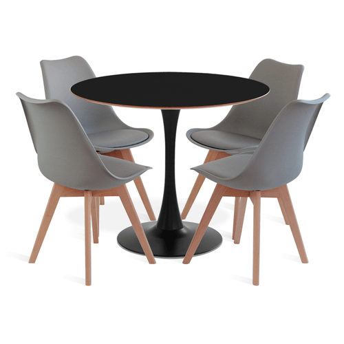 Conjunto Saarinen Basic Preto E Mdf Preto 90Cm Com 4 Cadeiras Leda Cinza